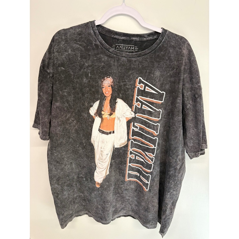 Y2K 90s Graphic T-Shirt Acid Wash Aaliyah Women 2XL Black